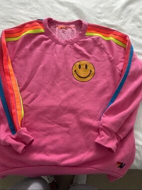 Aviator Nation Pink Smiley Sweatshirt with Rainbow Trim